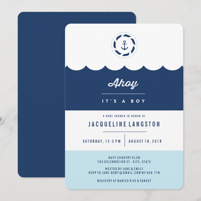 Nautical Navy Ahoy It's A Boy Modern Baby Shower Invitation (Front/Back)