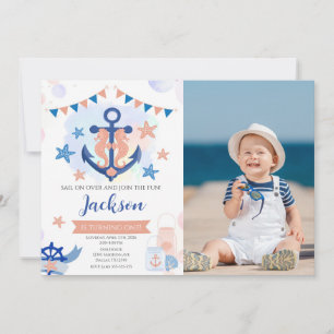 Nautical Navy Anchor Boy 1st Birthday Photo Invitation