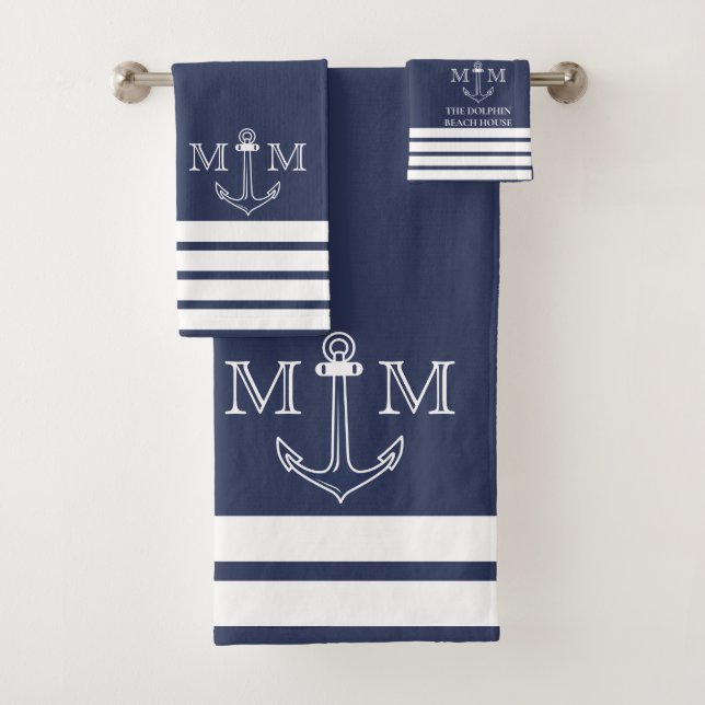 Nautical Navy Anchor Coastal Monogram Name Bath To Towel Set (Insitu)