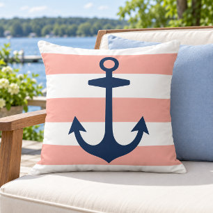 Nautical Navy Anchor Coral White Stripe Throw Pillow