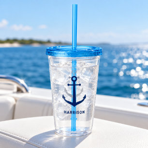 Nautical Navy Anchor Custom Name Monogram Acrylic Tumbler