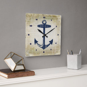 Nautical Navy Anchor Distressed Musical Notes Square Wall Clock