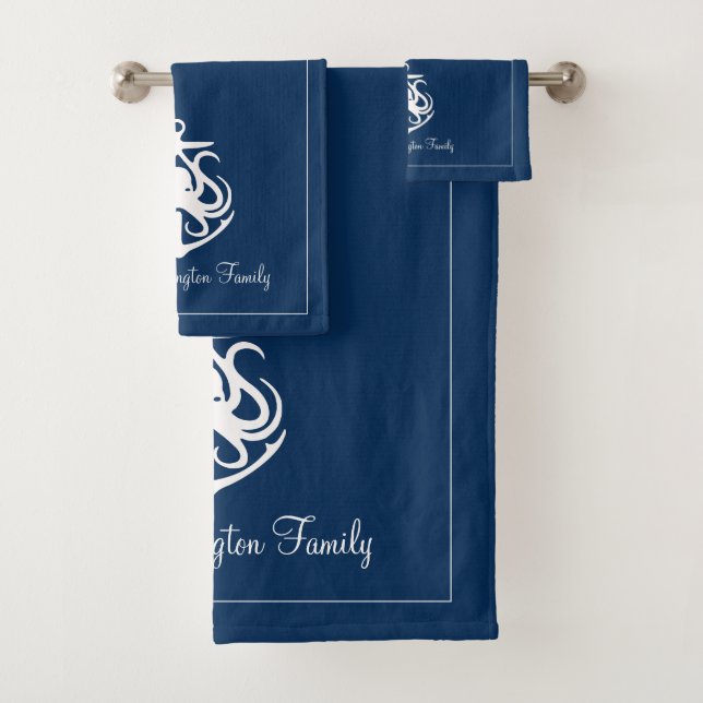 Nautical Navy Anchor Family Name  Bath Towel Set (Insitu)