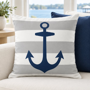 Nautical Navy Anchor Grey White Stripe Throw Pillow