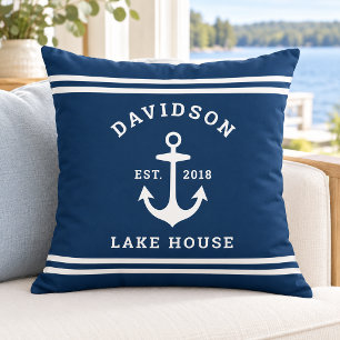 Nautical Navy Anchor Lake House Monogram Throw Pillow