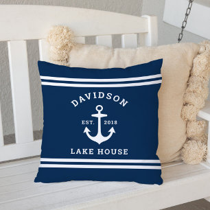 Nautical Navy Anchor Lake House Monogram Throw Pillow