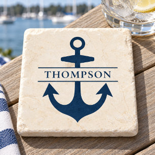 Nautical Navy Anchor Monogram Custom Stone Coaster