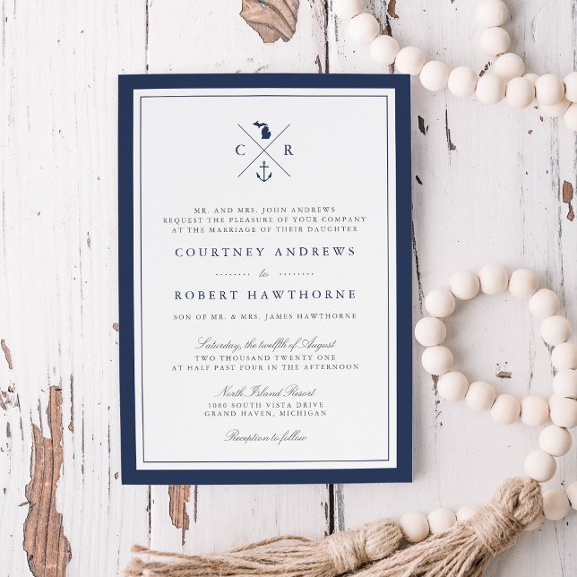 Nautical Navy Anchor Monogram Michigan Wedding Invitation (Creator Uploaded)
