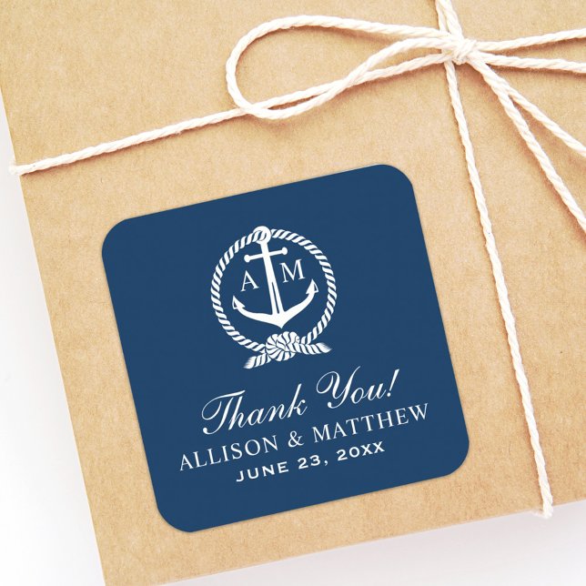 Nautical Navy Anchor Monogram Wedding Square Sticker (Creator Uploaded)