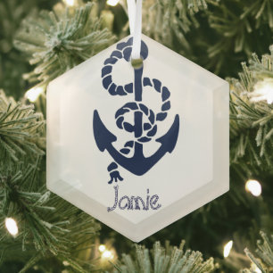 Nautical Navy Anchor Pattern Glass Ornament