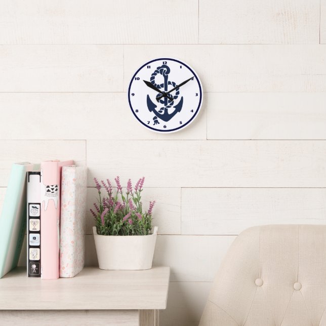 Nautical Navy Anchor Pattern Round Clock (Reading Room)