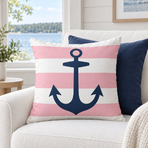 Nautical Navy Anchor Pink White Stripe Throw Pillow