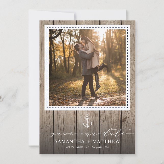 Nautical Navy Anchor Rustic Wood Photo Wedding Save The Date (Front)