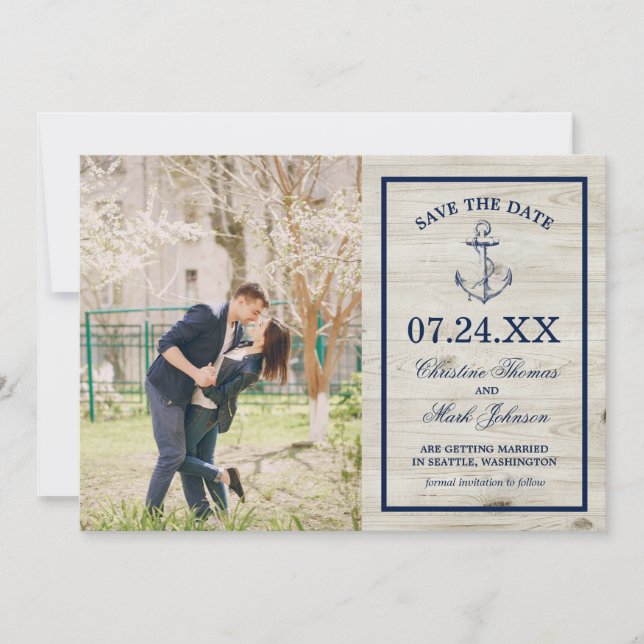 Nautical Navy Anchor  Rustic Wood Save The Date (Front)