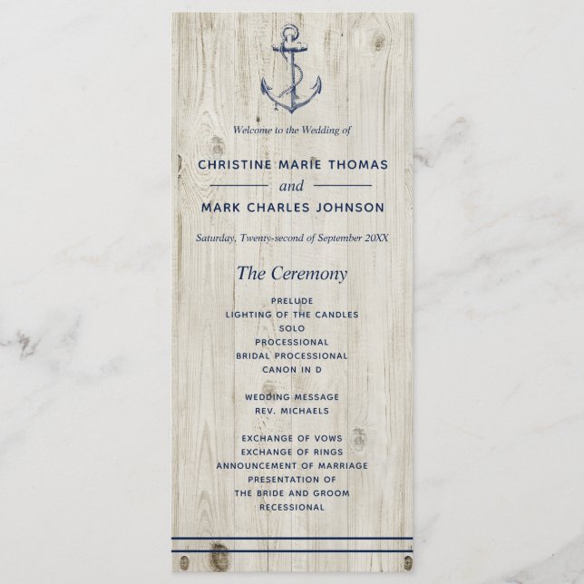 Nautical Navy Anchor Rustic Wood Wedding Program (Front)
