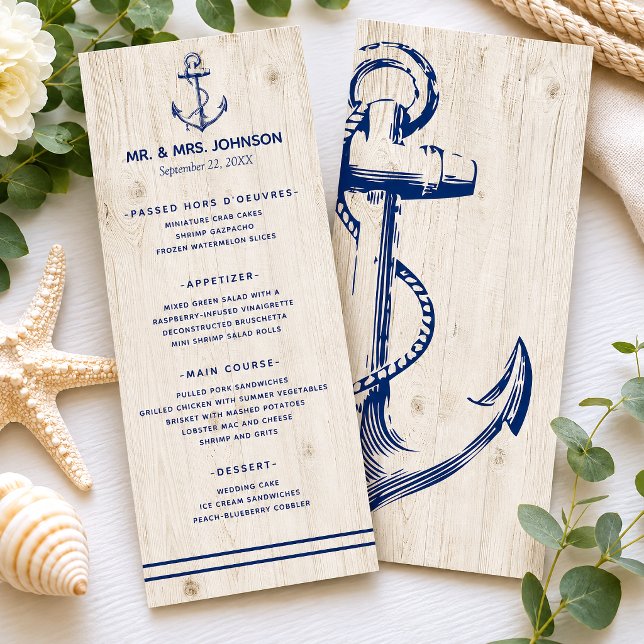 Nautical Navy Anchor Sea Rustic Wood Wedding Menu (Continue your wedding theme with these nautical anchor programs that will complement your wedding.)