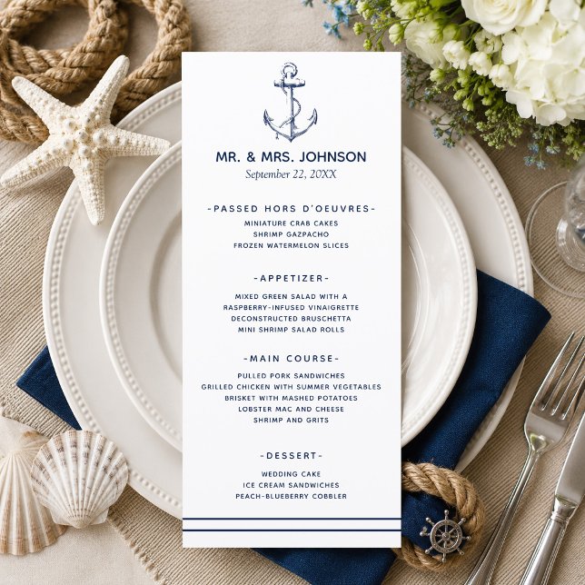 Nautical Navy Anchor Sea Side Wedding Menu (A nautical themed menu perfect for beach weddings and weddings by the sea! )