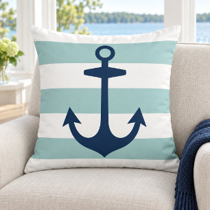 Nautical Navy Anchor Seafoam White Stripe Throw Pillow