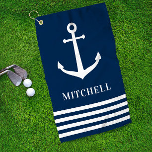 Nautical Navy Anchor Stripe Monogram Name Golf Towel