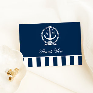 Nautical Navy Anchor Stripes Wedding Monogram Thank You Card