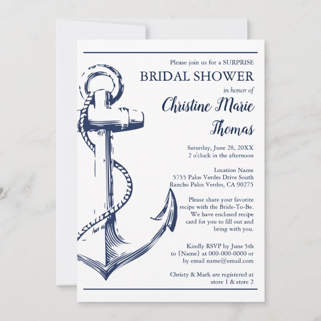 Nautical Navy Anchor Surprise Bridal Shower Recipe Invitation (Front)