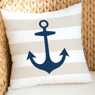 Nautical Navy Anchor Tan White Stripe Outdoor Pillow
