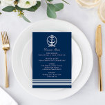 Nautical Navy Anchor Wedding Monogram Dinner Menu<br><div class="desc">Modern and preppy nautical wedding dinner menu card design features a wedding monogram displayed inside a boat anchor with knotted rope and stripe details.  Navy blue,  light grey / silver,  and white colour scheme.</div>