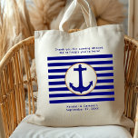 Nautical Navy Anchor Welcome Wedding Bag<br><div class="desc">Cruise destination wedding welcome bag with anchor and navy blue stripes. Customize text at top and bottom welcoming guests to a "cruise wedding", or "beach wedding" or whatever you prefer. Ad more tan coloured, bold script text to the bottom, with the names of the bride and groom and wedding date....</div>