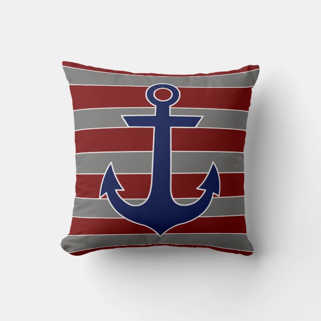 nautical navy anchor with red and grey stripes throw pillow (Front)