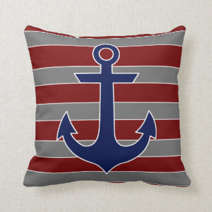 nautical navy anchor with red and grey stripes throw pillow