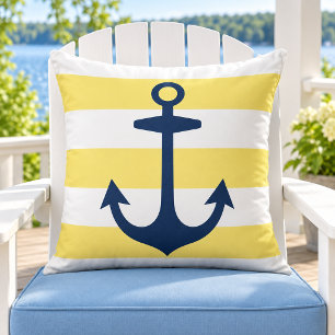 Nautical Navy Anchor Yellow White Stripe Outdoor Pillow