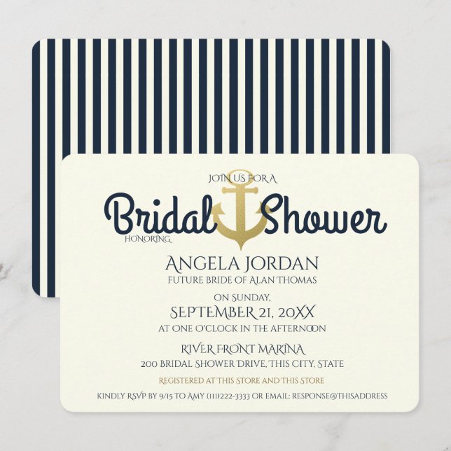 Nautical Navy and Gold Anchor Bridal Shower Invitation (Front/Back)