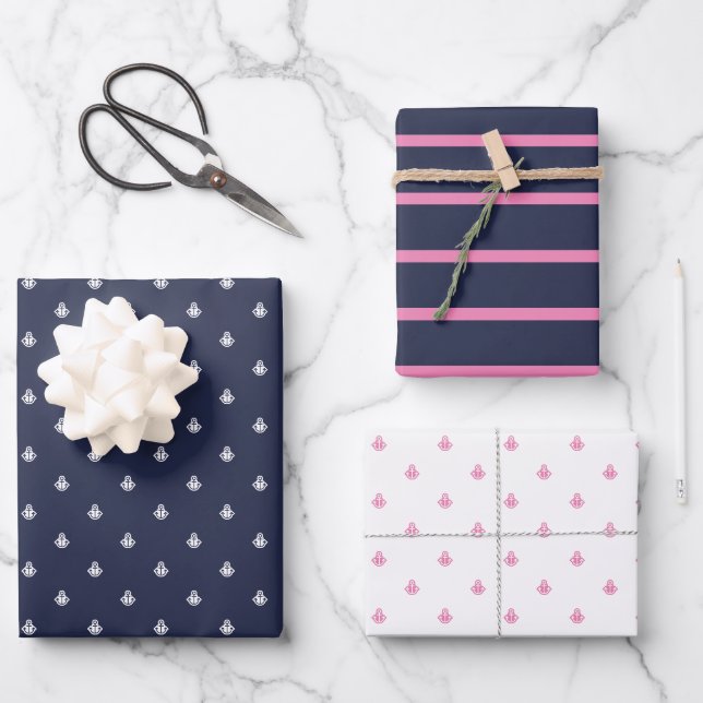 Nautical Navy and Pink Wrapping Paper Sheet (Front)