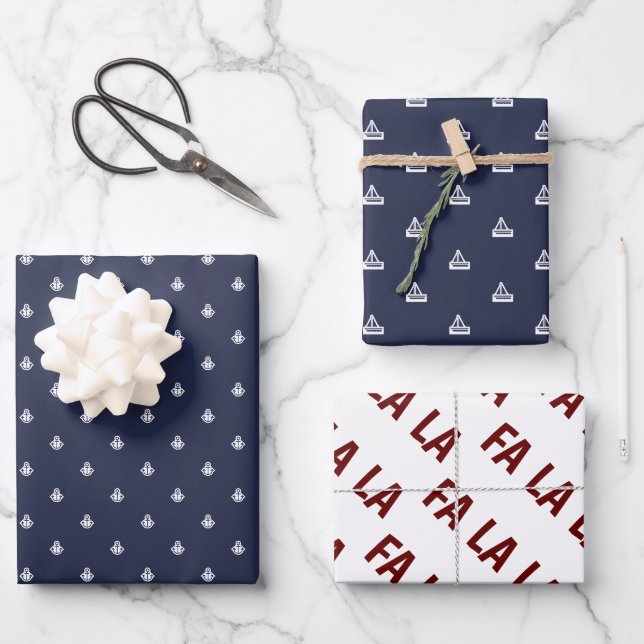 Nautical Navy and White Fa La La Wrapping Paper Sh (Front)