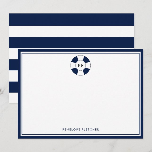 Nautical Navy and White Stripe Monogram Note Card (Front/Back)