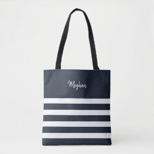 Nautical Navy and White Stripe Personalized Tote Bag