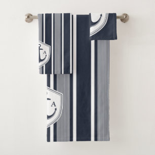 Nautical Navy and White Stripes with Anchor  Bath Towel Set