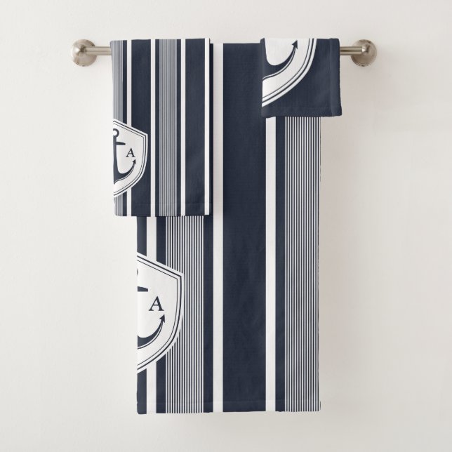 Nautical Navy and White Stripes with Anchor  Bath Towel Set (Insitu)