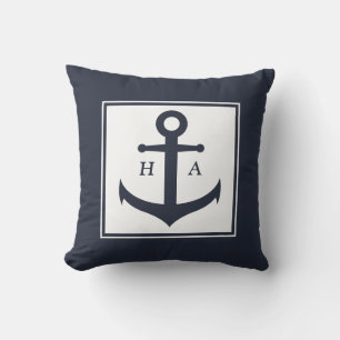 Nautical Navy and White Stripes with Anchor  Throw Pillow