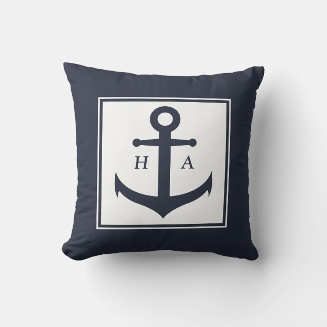 Nautical Navy and White Stripes with Anchor  Throw Pillow (Front)