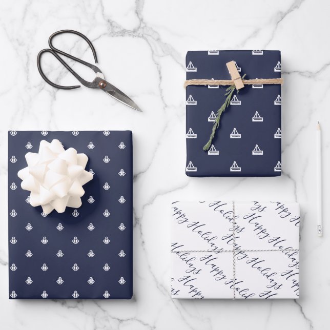 Nautical Navy and White Wrapping Paper Sheet (Front)