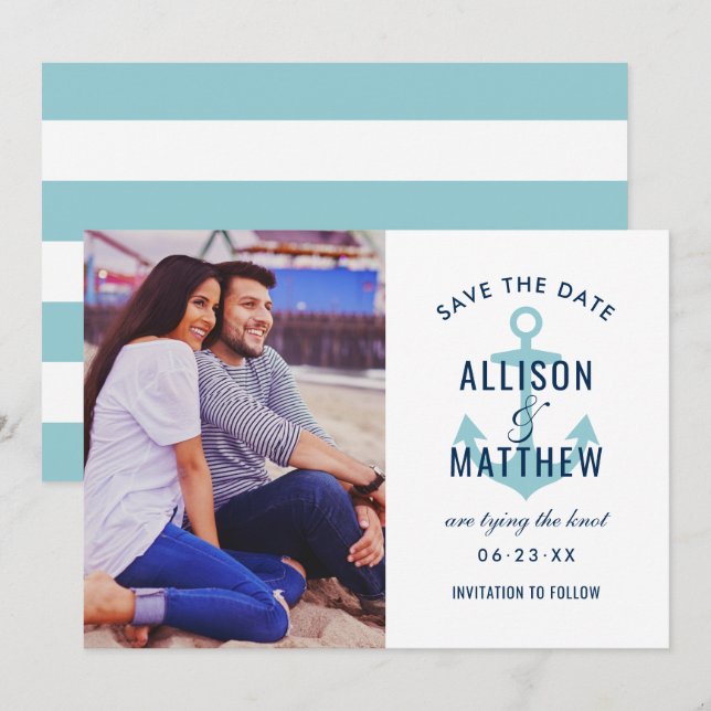 Nautical Navy Aqua Blue Anchor Wedding Photo Save The Date (Front/Back)