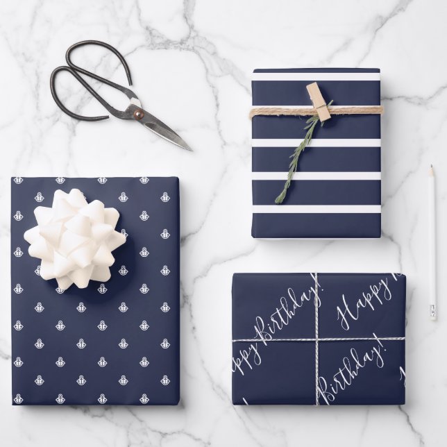 Nautical Navy Birthday Wrapping Wrapping Paper Sheet (Front)