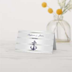 Nautical Navy Blu Anchor Silver Wht Escort Cards