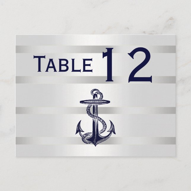 Nautical Navy Blu Anchor Silver Wht H Table Number Postcard (Front)