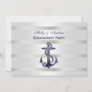 Nautical Navy Blu Anchor Silver Wt BG H Engagement Invitation
