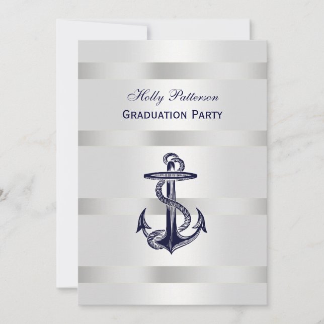 Nautical Navy Blu Anchor Silver Wt BG V Graduation Invitation (Front)