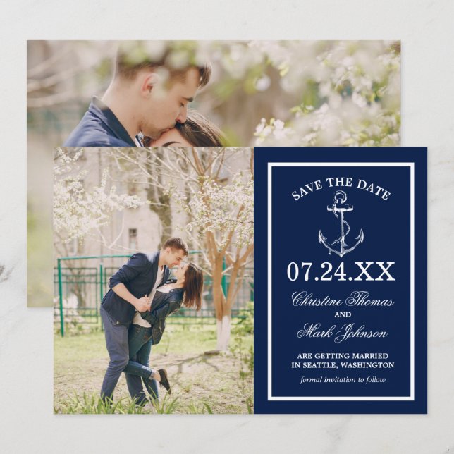 Nautical Navy Blue Anchor 2 Photo Save the Date Invitation (Front/Back)