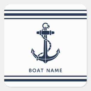 Nautical Navy Blue Anchor and Boat Name Custom Square Sticker