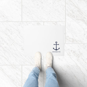 Nautical Navy Blue Anchor and Custom Family Name Doormat